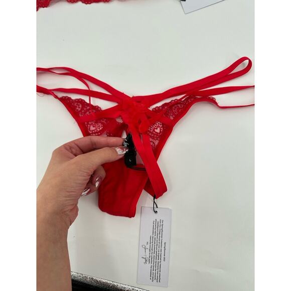 For Love & Lemons Red Lace Heart Embroidery Bra & Thong Panty Set Size XL/L NWT - Picture 9 of 11